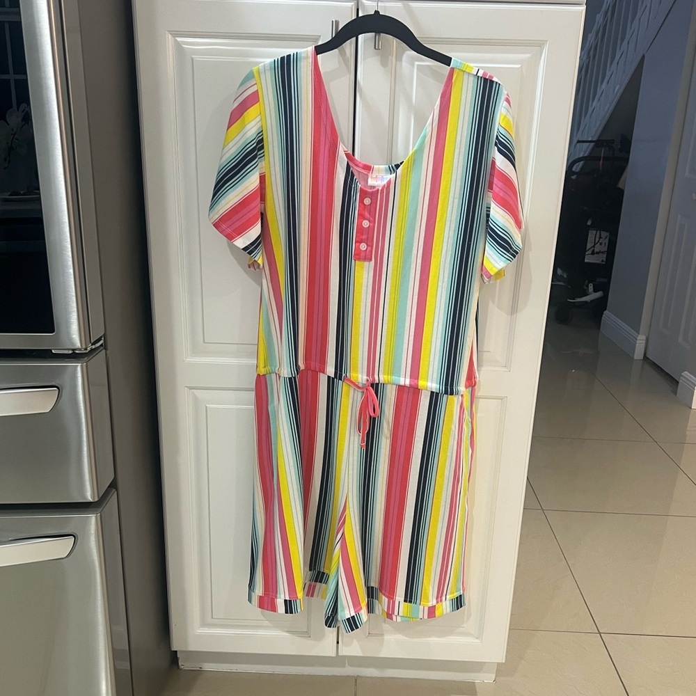 Lularoe Striped Xanthe Short Drawstring Romper with Pockets size Small